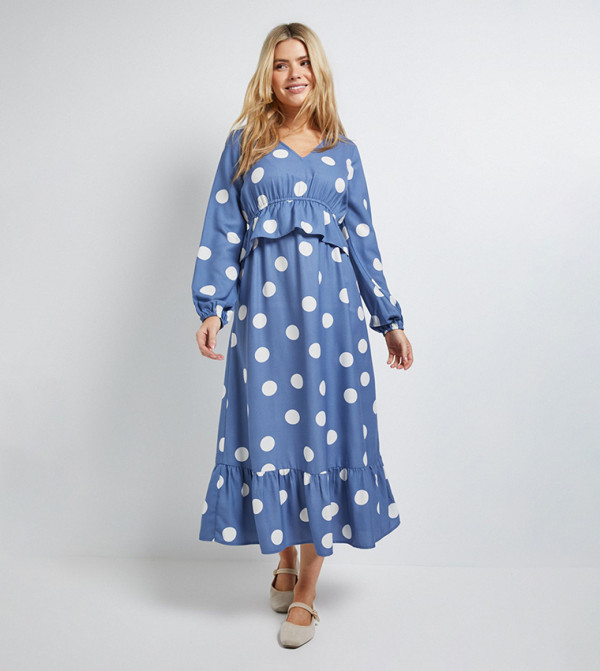 Polka Dots Shirred Waist Long Sleeves Midi Dress