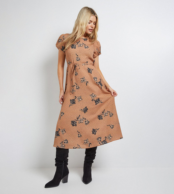 Floral Print Tie Back Detail Puff Sleeves Midi Dress