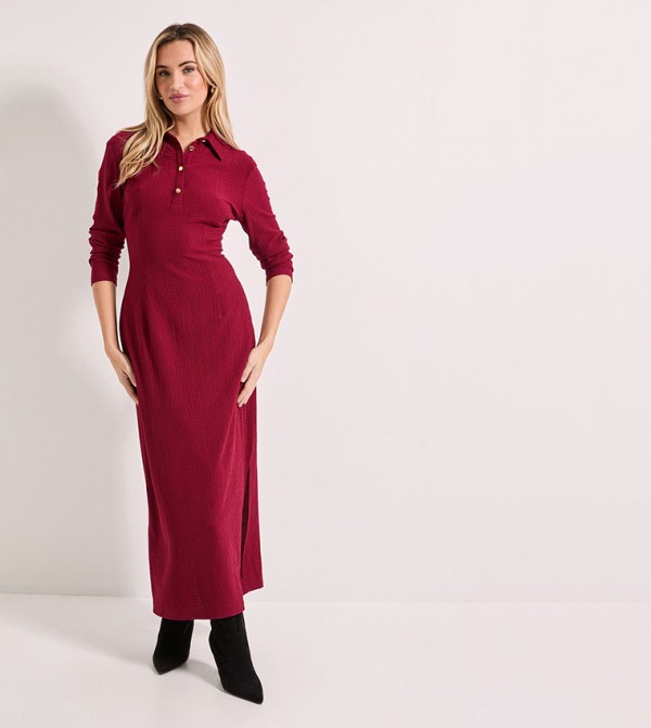 Collar Detail Jersey Long Sleeves Maxi Dress