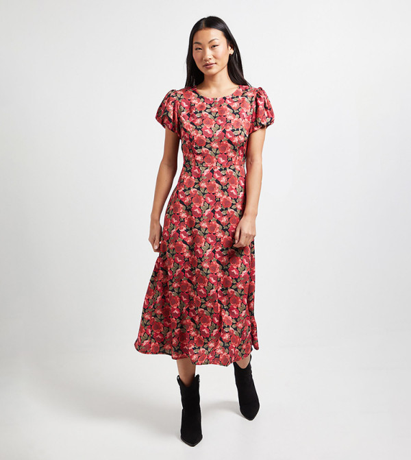 Petite Floral Print Tie Back Detail Puff Sleeves Midi Dress