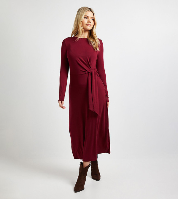 Tie Detail Long Sleeves Jersey Midi Dress
