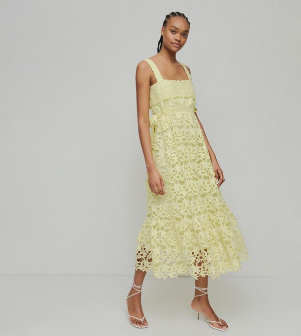 Warehouse strappy midi dress in hot sale yellow jacquard