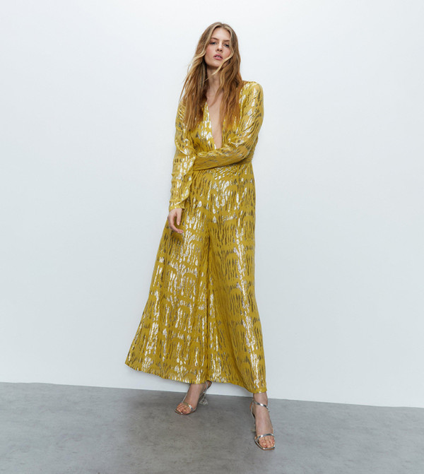 Buy Warehouse Sparkle Plunge Wide Leg Jumpsuit In Mustard