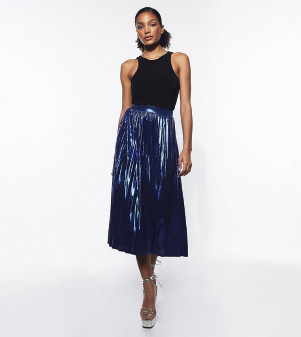 Warehouse metallic pleated midi skirt black sale