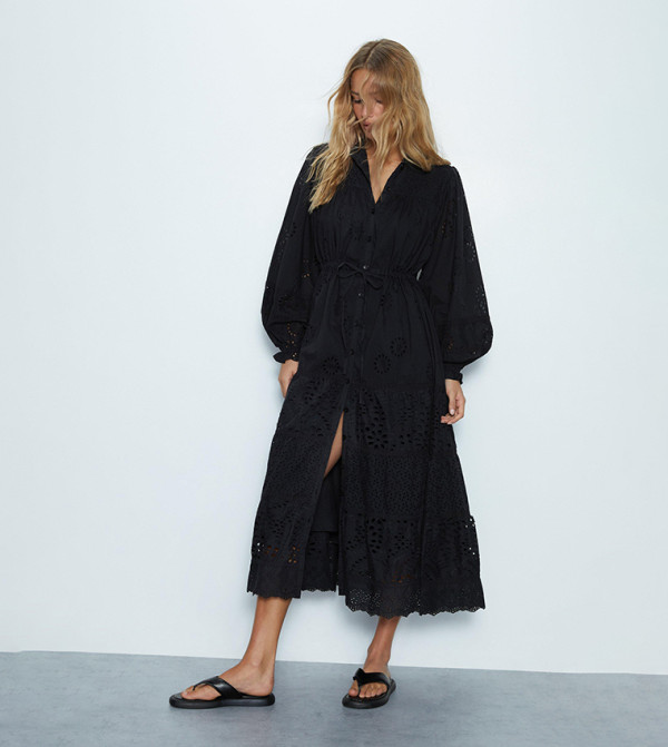 7400137 Black-Grey Drawstring Waist Dress