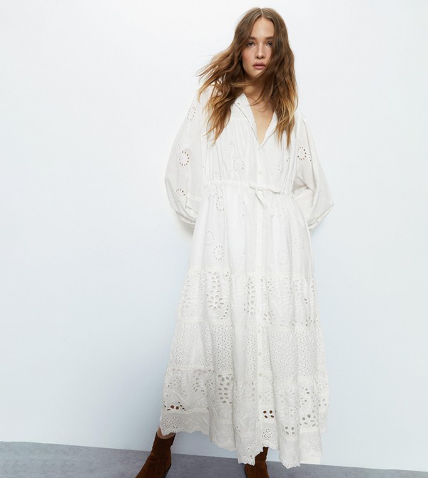 Broderie Drawstring Waist Midi Dress