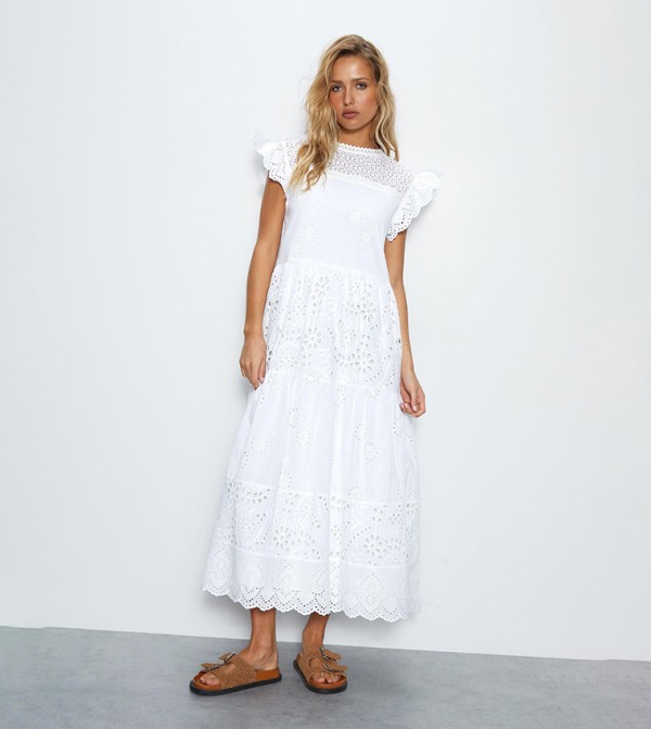 Broderie Mix Tiered Midi Dress