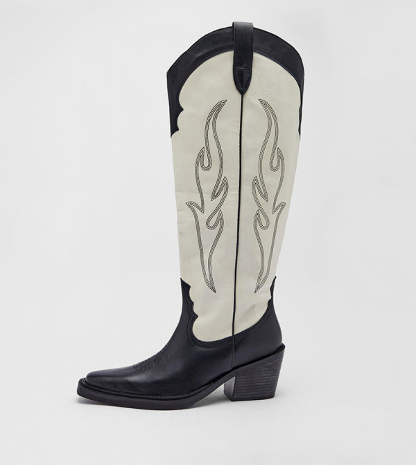 Buy Warehouse Leather Contrast Stitch Calf Western Boots In Black ...