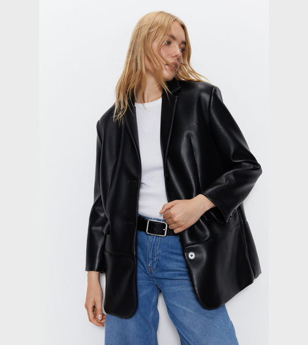 BiBi Faux Leather Color Block Single Blazer