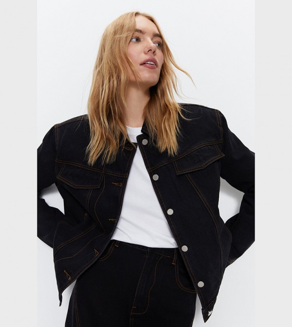 Buy Warehouse Panelled Denim Jacket In Black | 6thStreet Qatar