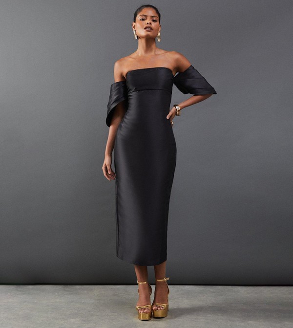 Structured Puff Sleeve Bardot Midi Dress