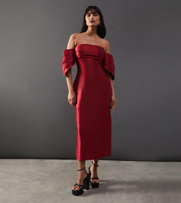 Structured Puff Sleeves Bardot Midi Dress