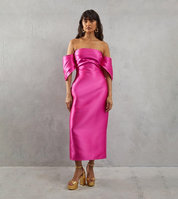 Structured Puff Sleeves Bardot Midi Dress