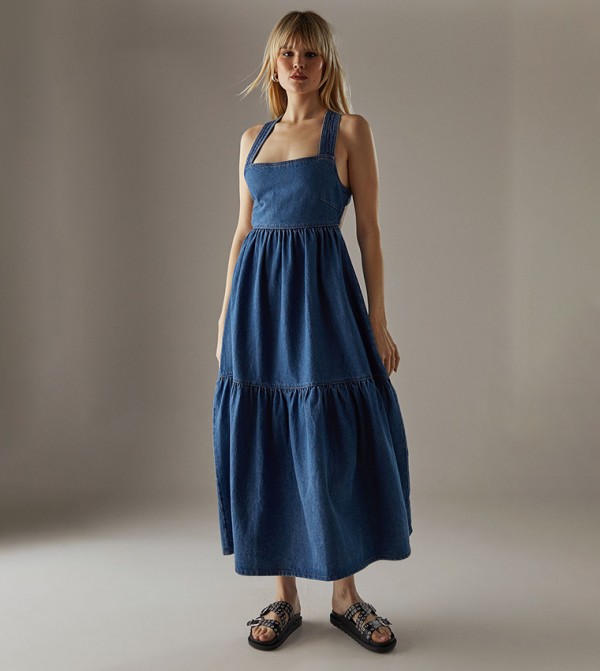 Cross Back Denim Midi Dress