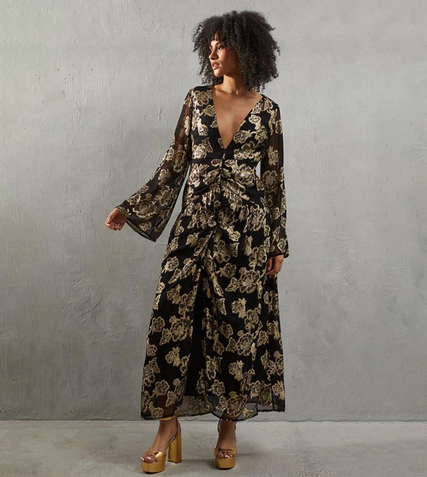 Printed Plunge Neck Maxi Dress