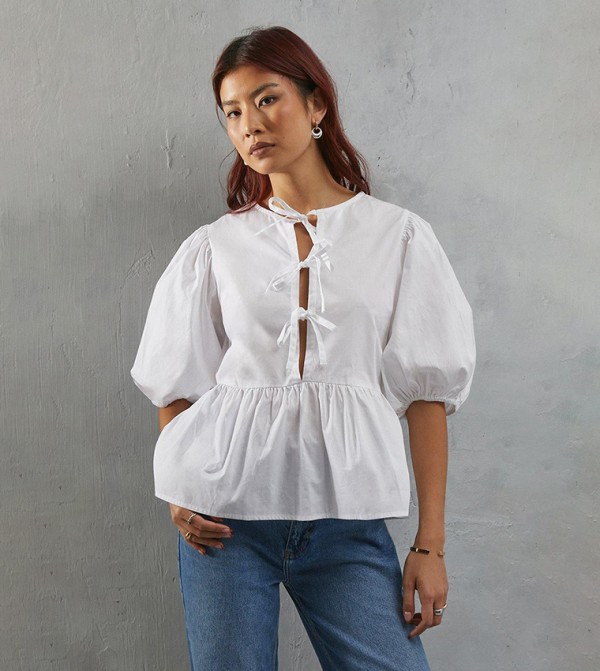 Poplin Tie Front Volume Sleeves Top