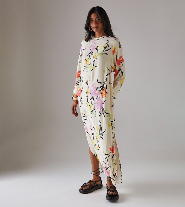 Print Long Sleeves Column Midi Dress