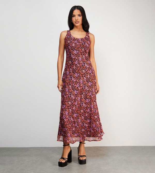 Ditsy Floral Chiffon Scoop Neck Midi Dress