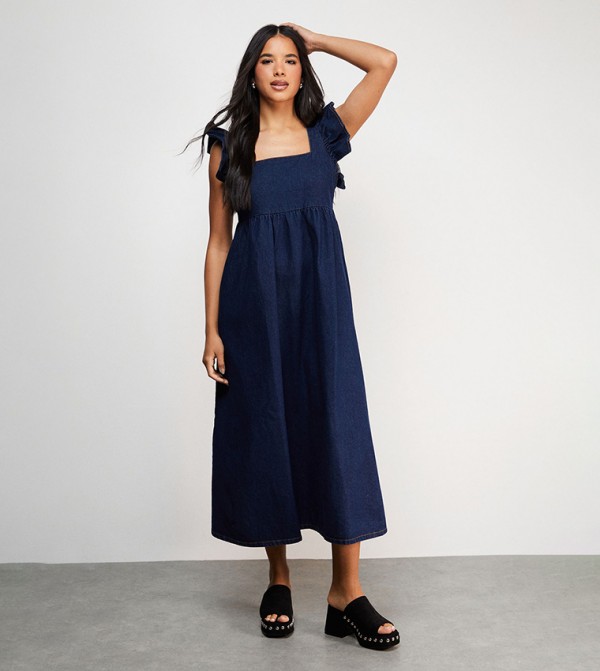 Square Neck Flutter Sleeves Denim Midi Dress