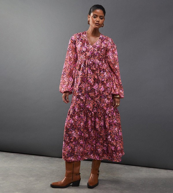 Floral Printed Chiffon Wrap Midi Dress