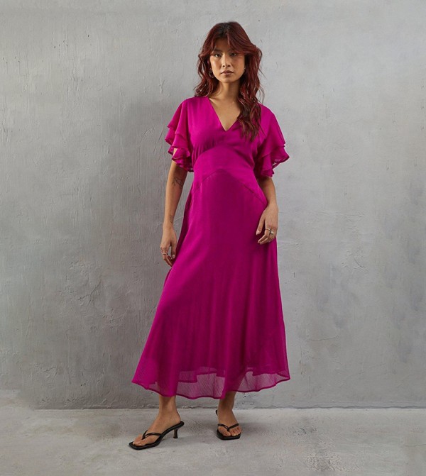 Chiffon Flounce Sleeves Midaxi Dress