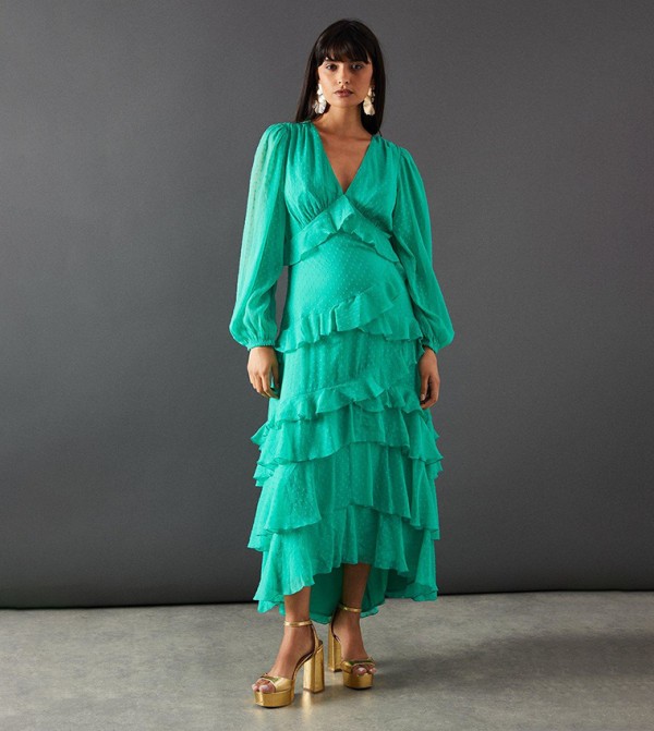 Dobby Chiffon Ruffle Midi Dress