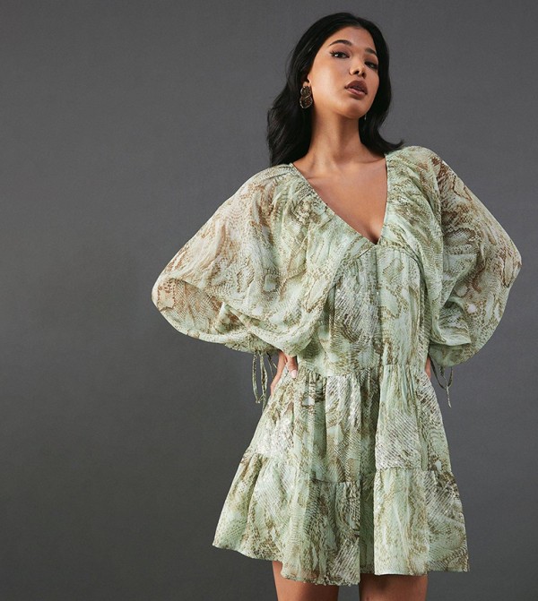 Sequined Snake Embellished Volume Sleeves Mini Dress