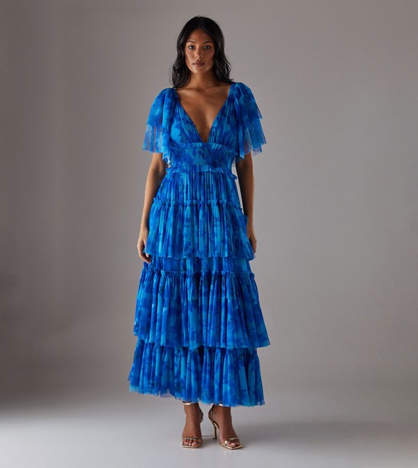 Floral Printed Plunge Neck Layered Maxi Dress