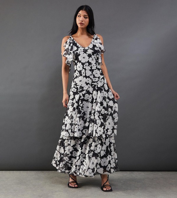 Floral Strappy Chiffon Layered Maxi Dress