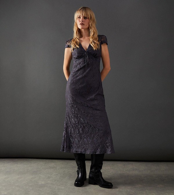 Lace Cap Sleeves Bow Front Midi Dress