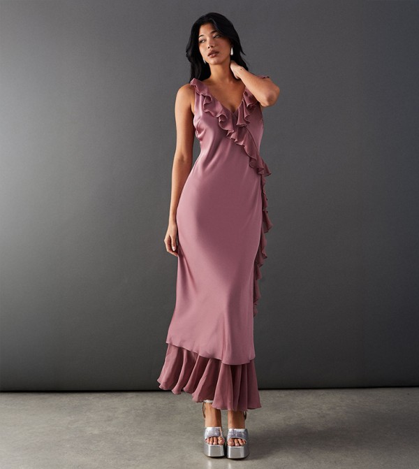 Satin Wrap Chiffon Frill Detail Midi Dress
