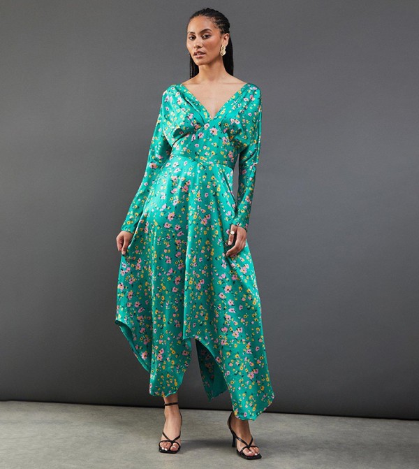 Floral Satin Batwing Waisted Hanky Hem Midi Dress