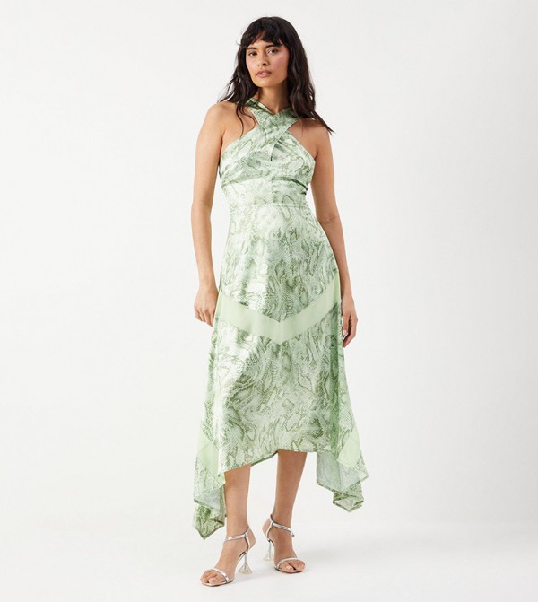 Snake Print Cross Front Chiffon Insert Hanky Hem Midi Dress