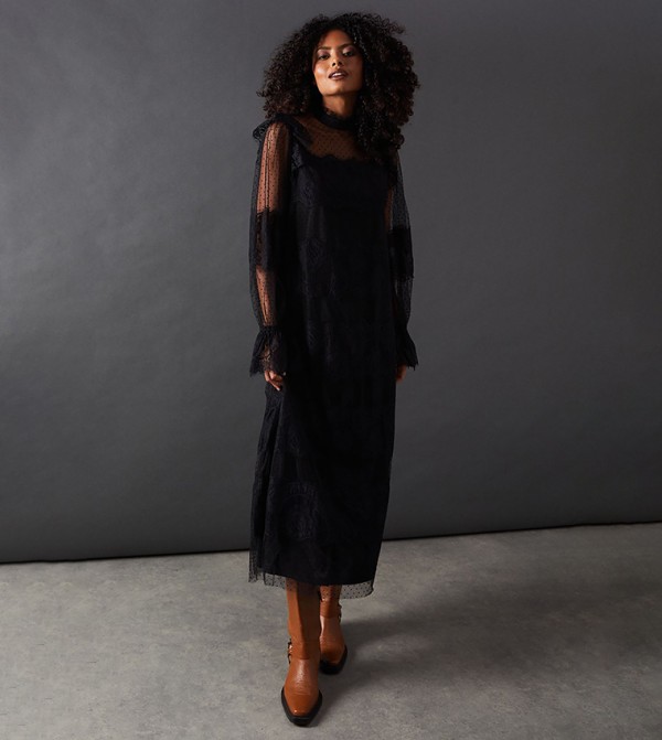 Lace Dobby Ruffle Neck Midi Dress