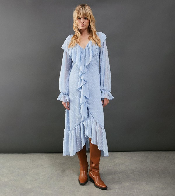 Dobby Chiffon Ruffle High Low Hem Midi Dress