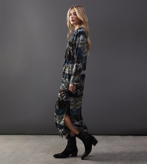 Printed Satin Gathered Side Column Midi Dress