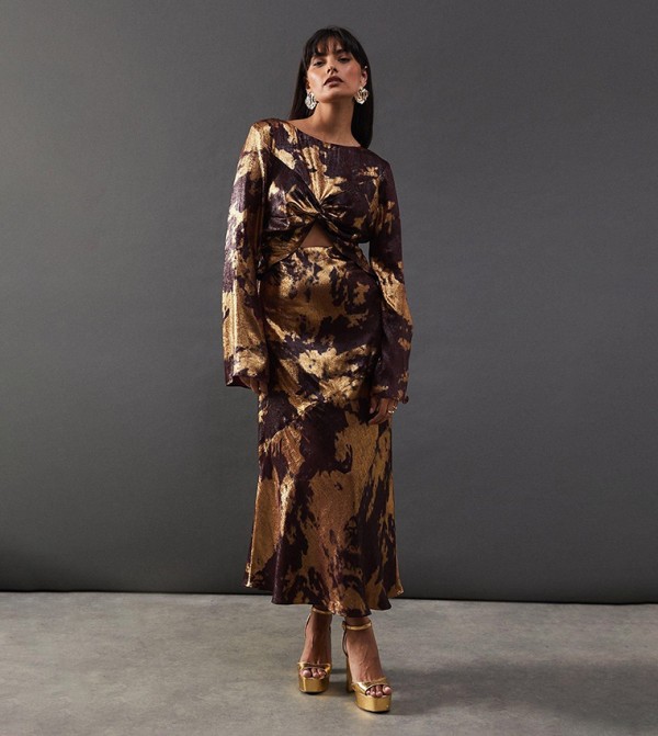 Metallic Marble Twist Front Bias Midaxi Dress