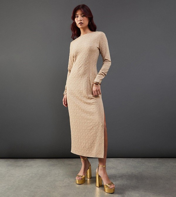 Jacquard Slash Neck Scoop Back Midi Dress