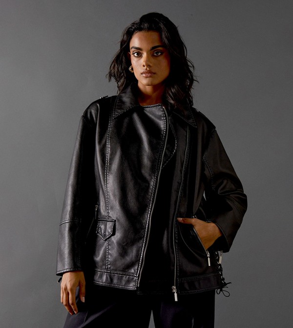 Whipstitch Detail Oversized Leather Jacket