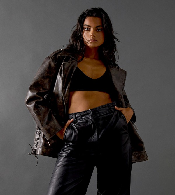 Whipstitch Detail Oversized Leather Jacket