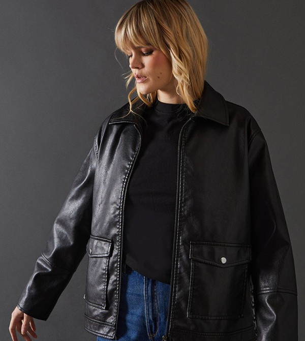 Whipstitch Faux Leather Zip Through Jacket