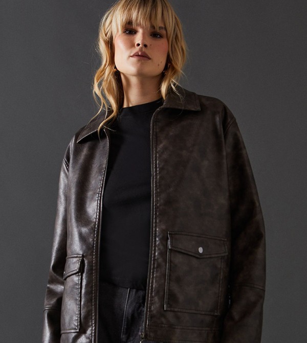 Whipstitch Faux Leather Zip Through Jacket