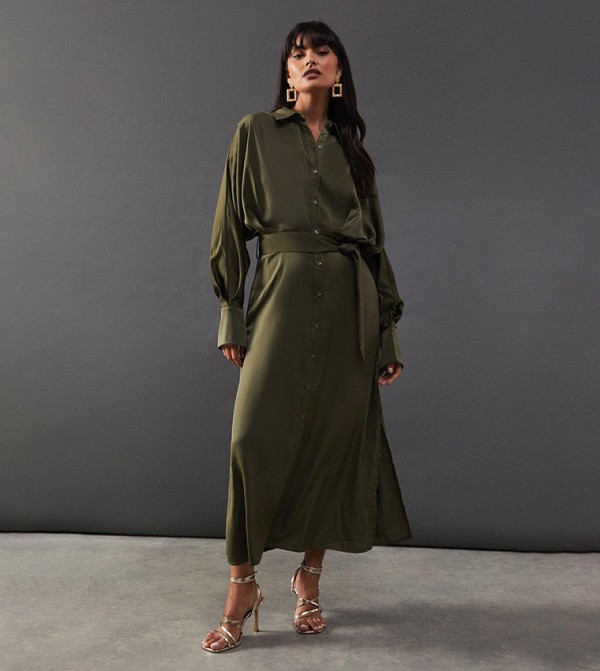 Satin Batwing Split Side Midi Shirt Dress