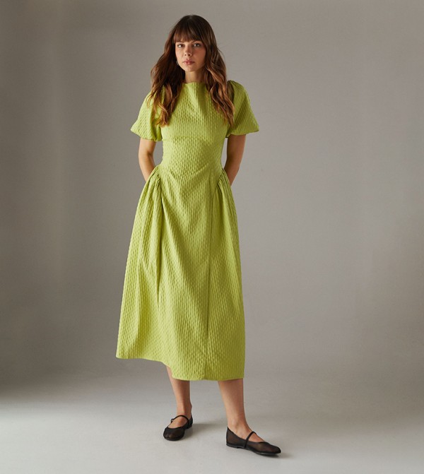 Seersucker Organza Godet Side Puff Sleeves Midi Dress