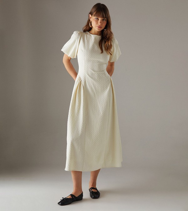 Seersucker Organza Godet Side Puff Sleeves Midi Dress