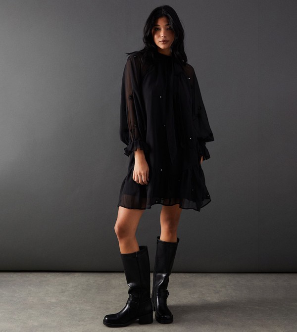 Premium Embellished Chiffon Tie Neck Mini Dress