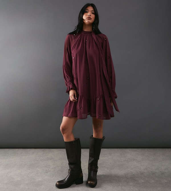 Premium Embellished Chiffon Tie Neck Mini Dress