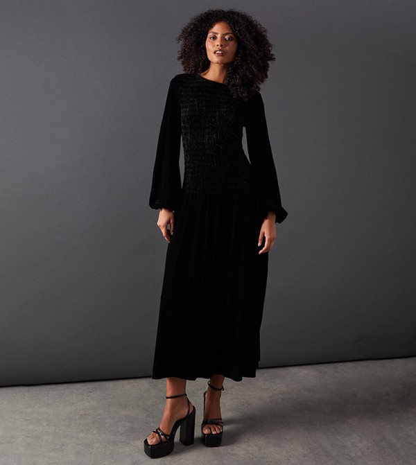 Velvet Ruched Puff Sleeves Midaxi Dress