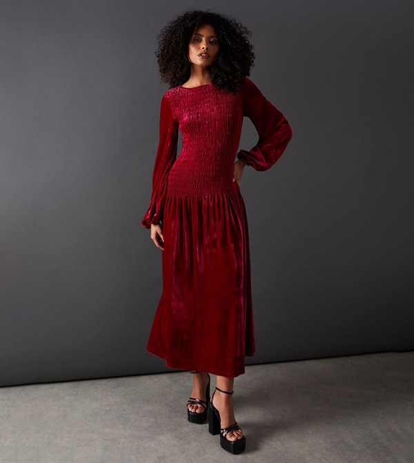 Velvet Ruched Puff Sleeves Midaxi Dress