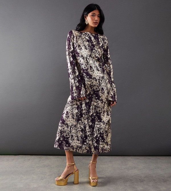 Metallic Chiffon Crew Neck Bias Midi Dress